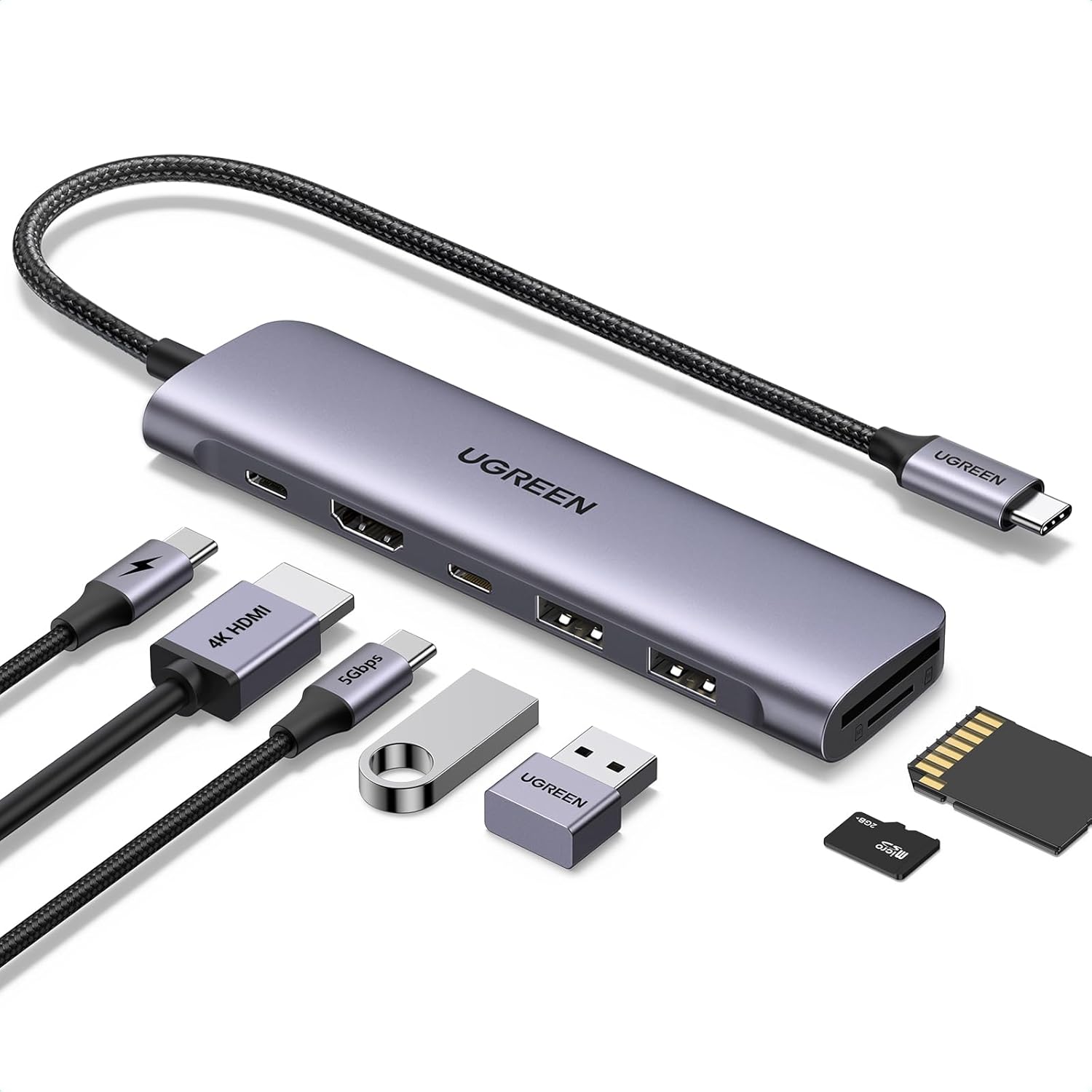 UGREEN 7 in 1  Multifunction Adapter, USB-C to USB3.0 ( 2 Port) + 4K HDMI + RJ45 + SD&TF Card Reader + PD port Converter(CM512)