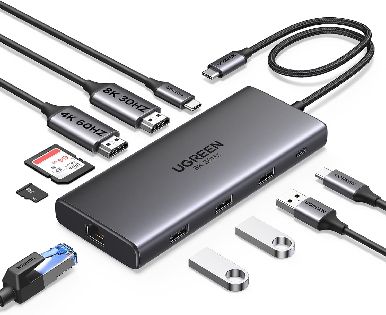 Ugreen 10-in-1 USB-C Multifunction Adapter, USB-C to USB3.0 ( 1 port) + USB2.0 ( 2 port) +USB-C 3.0 ( 1 port) + 4K HDMI ( 2 Port) + RJ45 Gigabit + SD & TF +PD port Converter(CM639)