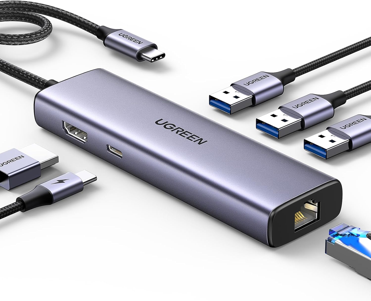 UGREEN 6-in-1 USB-C Hub, USB-C to HDMI(4K@60Hz) + 2 USB-A3.2 + USB-C 3.2 + Gigabit RJ45 + PD(100W)(CM512)
