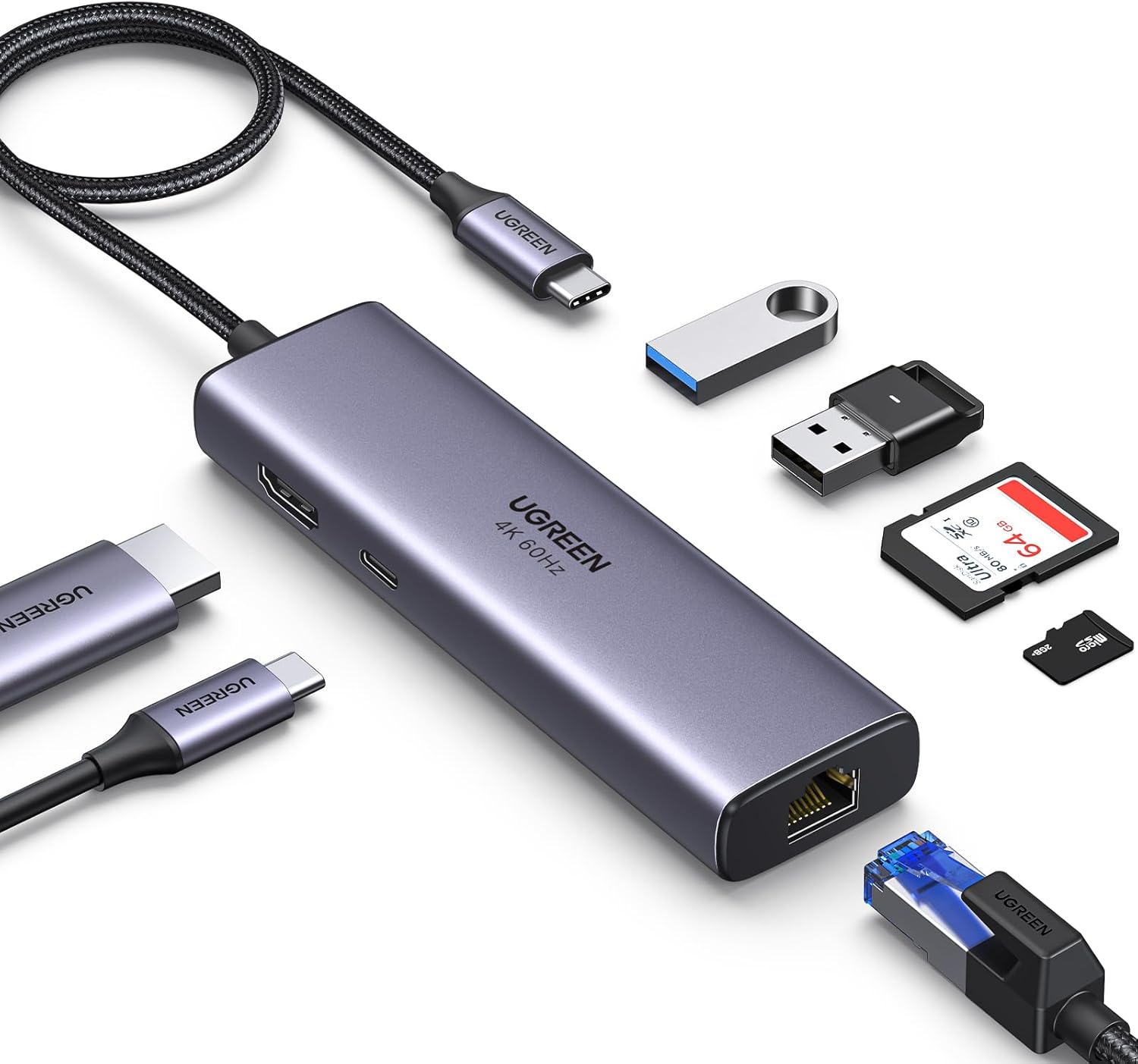UGREEN 7 in 1  Multifunction Adapter, USB-C To USB 3.0 A ( 2 port) + USB-C + 4K HDMI + SD & TF Card reader +PD Converter(CM195)