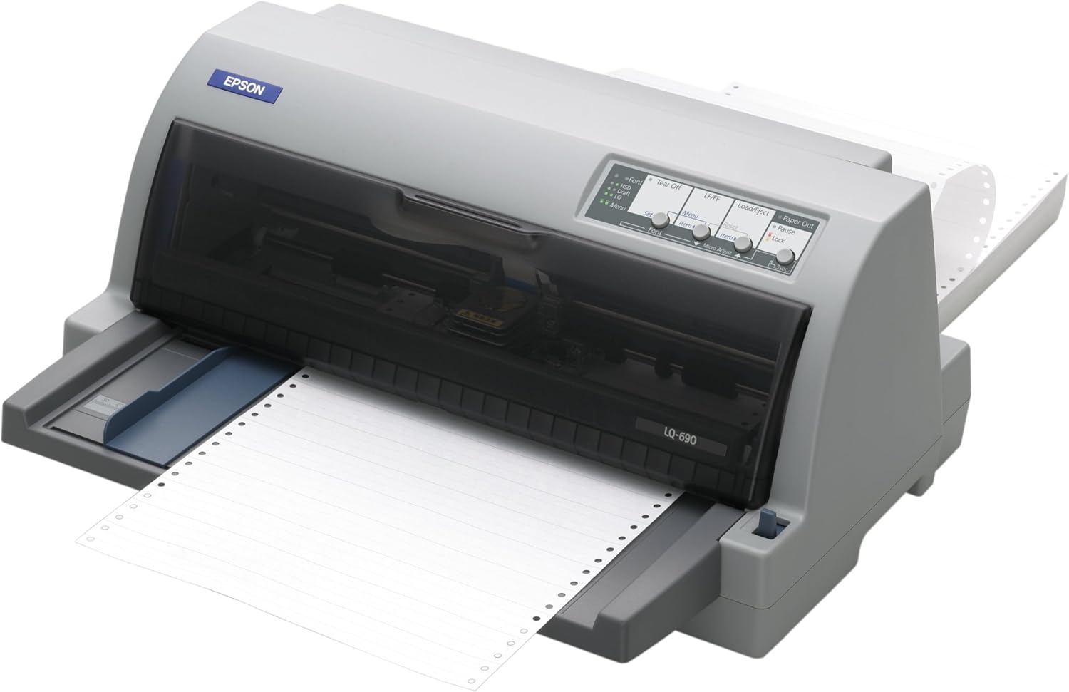 Epson LQ-690 Dot Matrix Printer, Maximum print speed: 529 cps, 128 KB, Sound pressure level (printing): 57 dB. Standard interfaces: Parallel, USB 2.0. Print head: 24-pin
