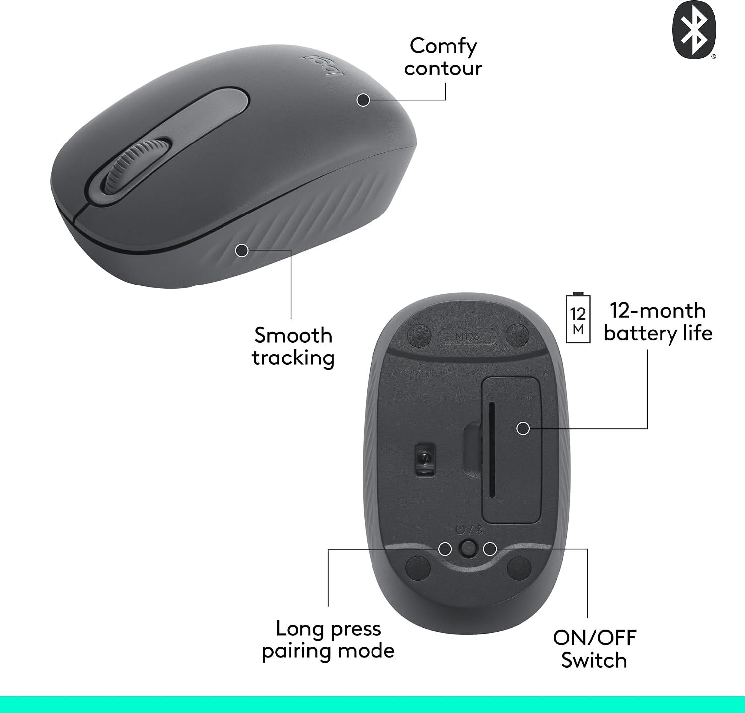 Logitech M196 Wireless Mouse – Bluetooth, Compact Design, Long Battery Life, Plug-and-Play for Windows, macOS, Chrome OS