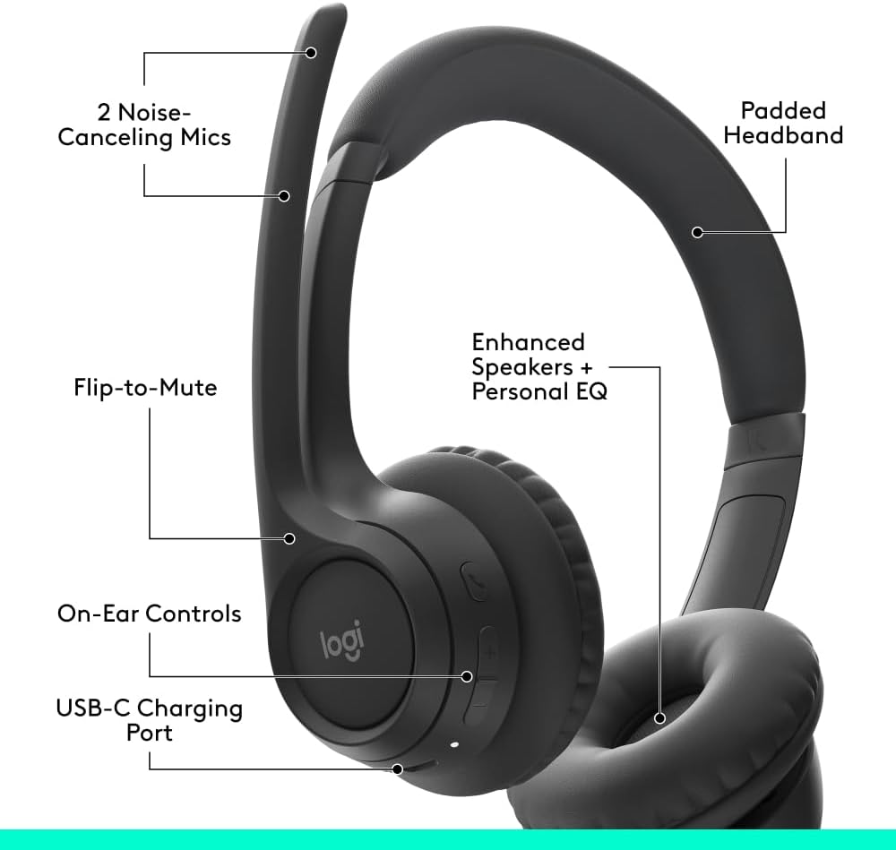 Logitech Zone 300 Wireless Bluetooth Over-Ear Headset– with Noise-Cancelling Microphone for Clear Calls & Comfortable All-Day Use - Image 2