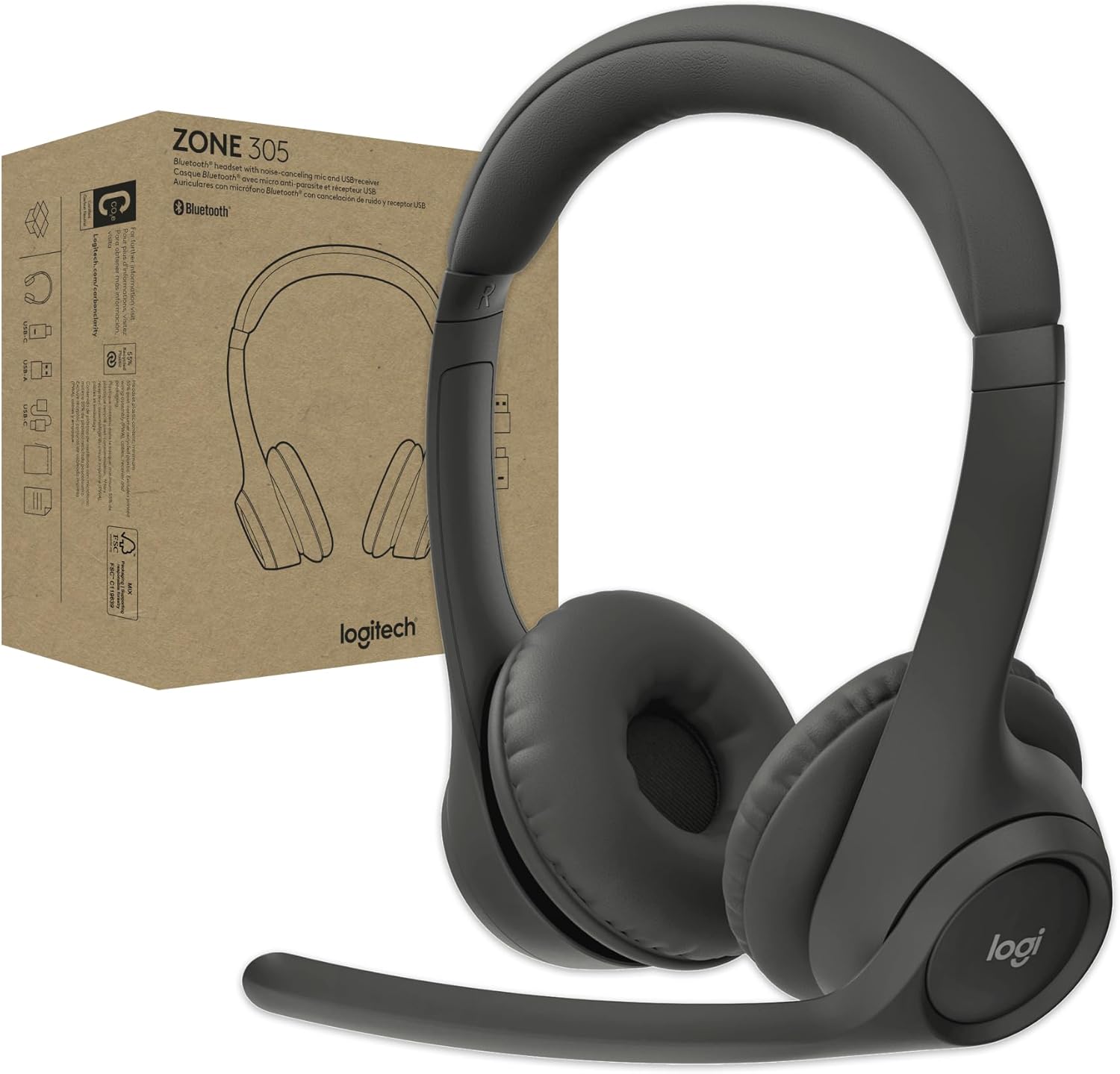 Logitech Zone 305 Bluetooth Headset with Dongle - Provides reliable wireless audio and clear communication for calls, meetings, and everyday professional use
